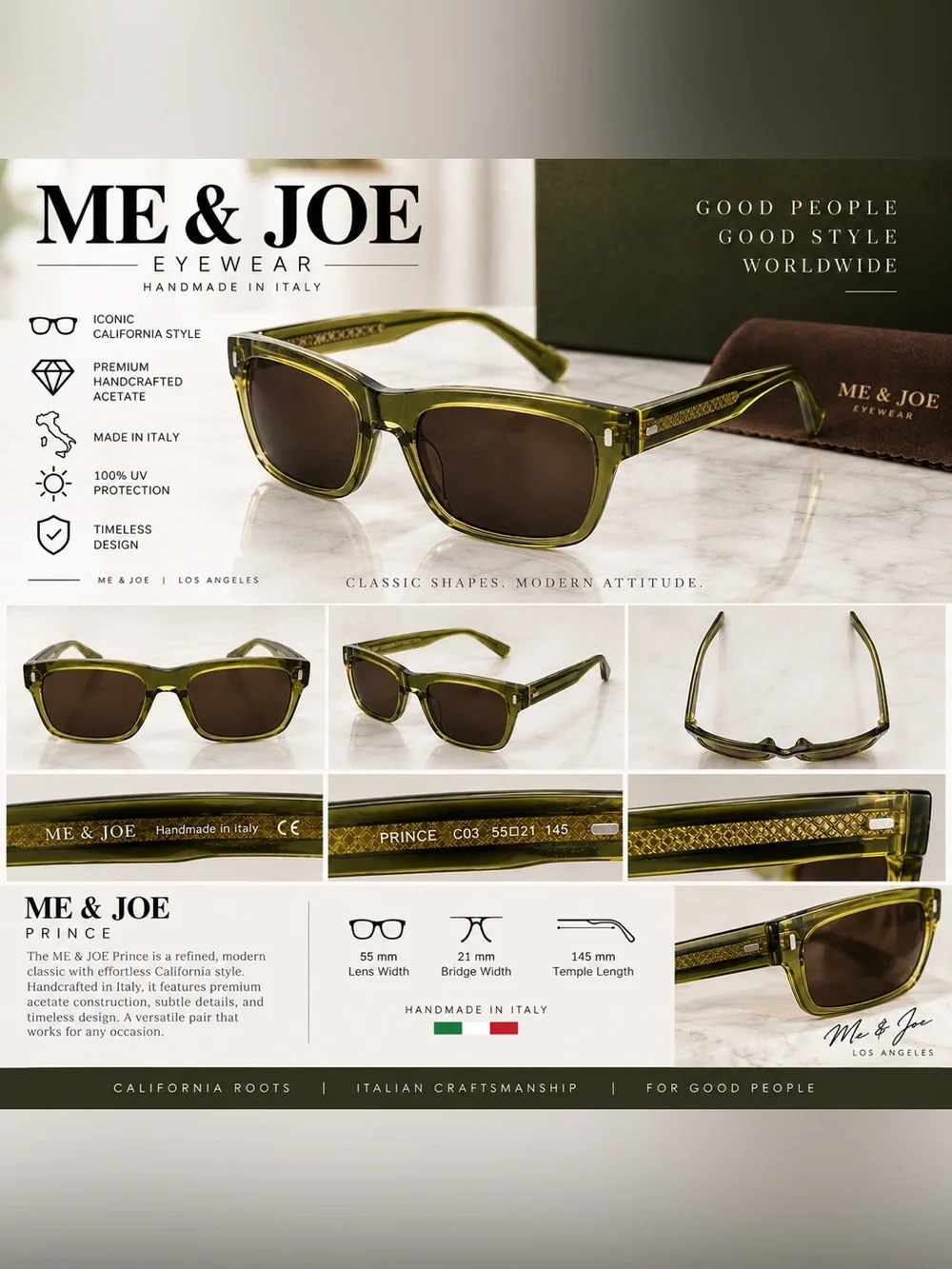 ME & JOE Prince C03 Sunglasses 55-21-145 Olive Green Handmade in Italy